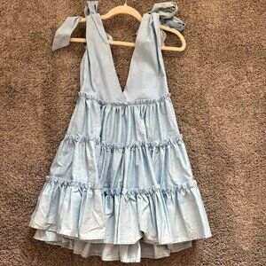 Boohoo Tie Shoulder Tiered Chambray Smock Dress Light Blue Women's Size S